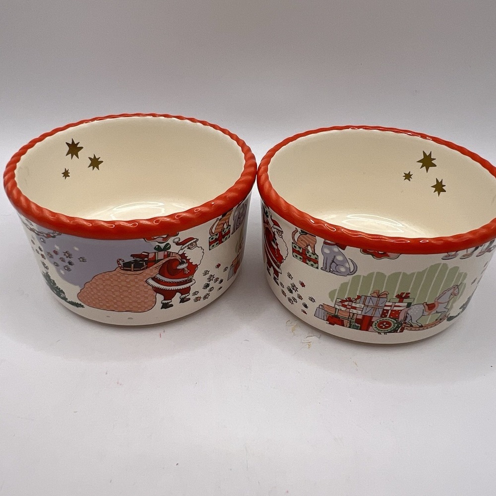 2 Cath Kidston Condiment Pot Ramekin Santa Holly Christmas London 1.5" X 3"